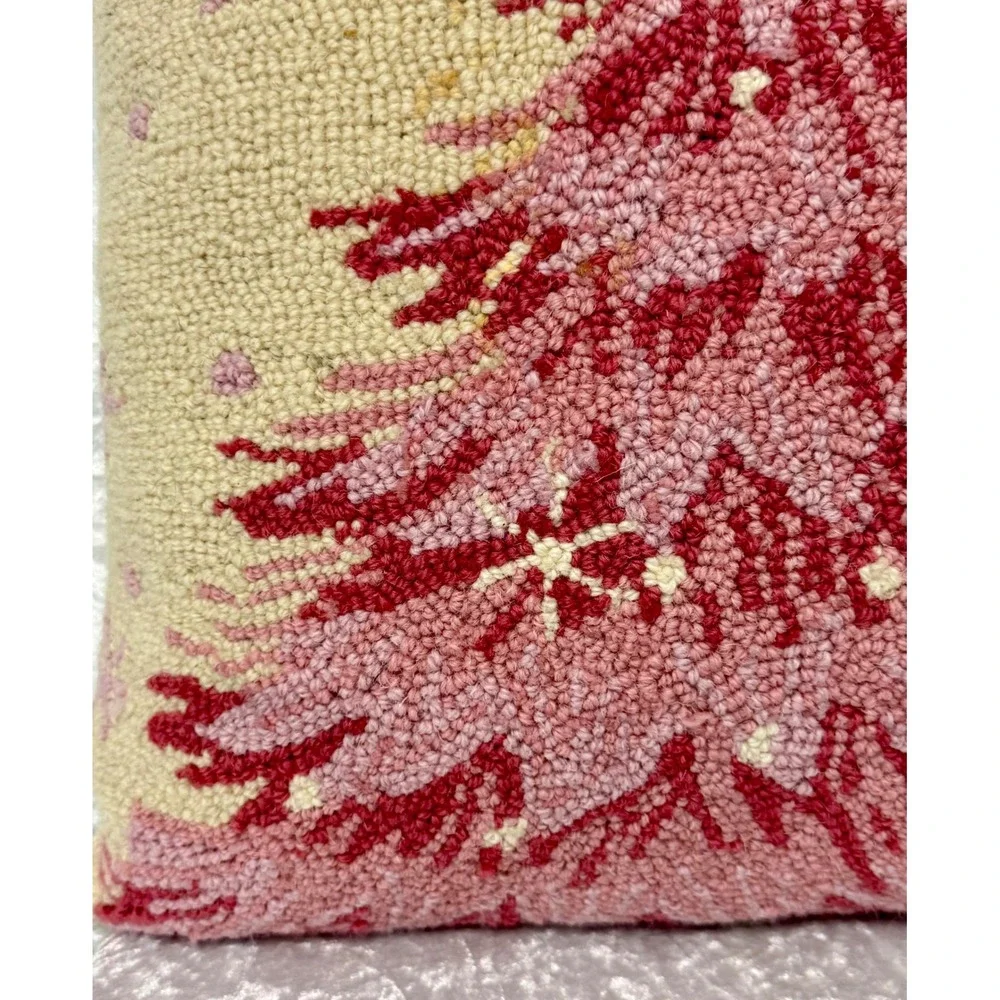 Peking Handicraft Pink Christmas Tree Hand Hooked Wool Pillow Velvet Back 18x18